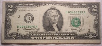 1976 $2 Dollar Note, 2 Errors, Miscut/Misaligned and Low Seal Errors, Circulated - Image 1 of 2