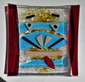 Abstract-Modernist "CAT-KITTEN" Fused-Art Glass Dish 7" x 7" Plate - Picture 1 of 4