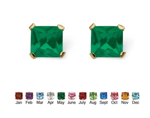 PRINCESS CUT SIMULATED BIRTHSTONE MAY EMERALD EARRINGS 10K GOLD - Picture 1 of 1