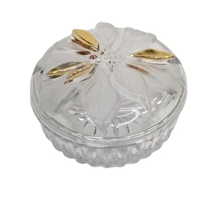 Clear Etched Glass Poinsettia Covered Candy Trinket Dish Holiday Christmas Gold - Picture 1 of 8