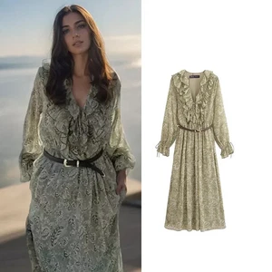 ZARA NEU DAMEN FW25 KLEID MIT RÜSCHENPRINT UND GÜRTEL Mehrfarbig | 5029/057_XS-XL - Bild 1 von 17