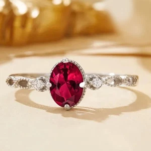 3.20Ct Oval Natural Ruby Diamond Gemstone Three Stone Ring 950PT Platinum Plated - Picture 1 of 16