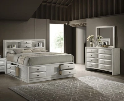 Conjunto de espejo tocador cama de almacenamiento contemporáneo de 3 piezas Queen Captain blanco antiguo Foto 1 de 4