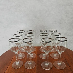 Set of 12 Clear Cordial Glasses Silver Rimmed 1oz Wine Shot Glasses Vtg Barware - Picture 1 of 4