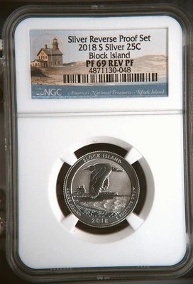 2018 S Silver Reverse Proof National Park Quarter Block Island NGC PF-69 - Image 1 of 2