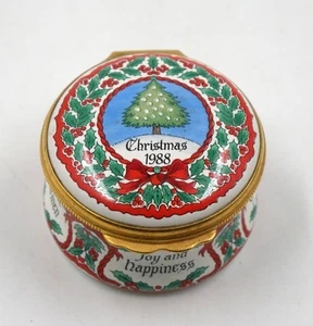 VINTAGE LOVELY HALCYON DAYS ENAMEL CHRISTMAS 1988 TRINKET PILL BOX - Imagen 1 de 5