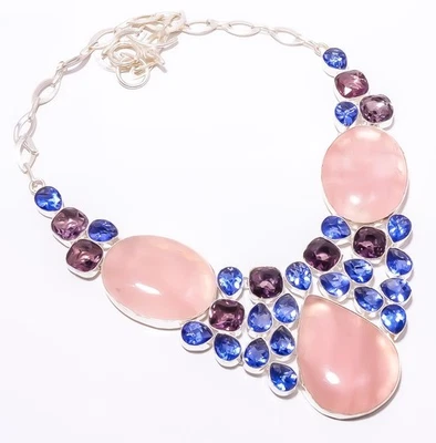 Collar Joyería Madagascar Cuarzo Rosa, Topacio Azul Chapado en Plata 16-18" T2 Foto 1 de 4