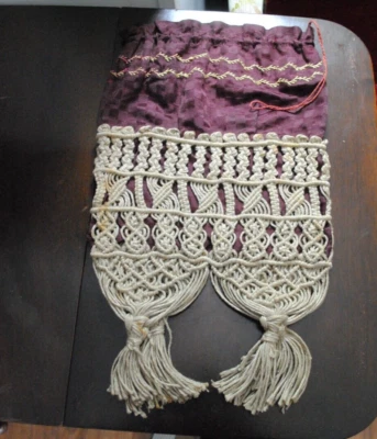 Cartera grande antigua victoriana eduardiana de seda de lino y macramé coleccionable Foto 1 de 4