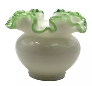 Vintage Fenton White Milk PetticoatGlass Green Ruffled Edge - Picture 1 of 9