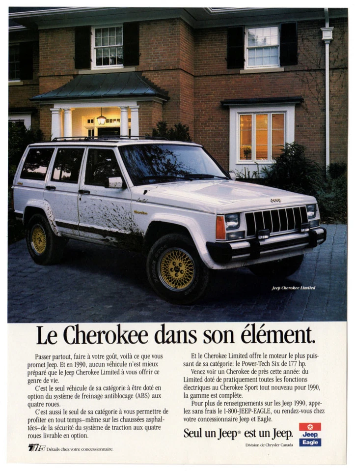 Jeep Cherokee Limited 1990 vintage impresión original AD blanco 4x4 foto de coche francés Foto 1 de 1