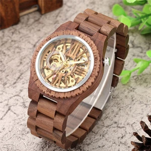 Luxury Wood Mechanical Watches Men Wooden Automatic Wristwatches Skeleton Watch - Picture 1 of 9