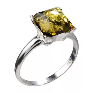GIA Certified Sterling Silver and Baltic Olive Green Amber Square Ring "Nelda" - Picture 1 of 6