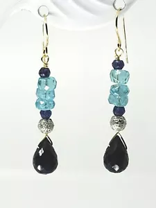 14k Yellow Gold Filled Blue Sapphire Pave Diamond Apatite Drop Dangle Earrings - Picture 1 of 5