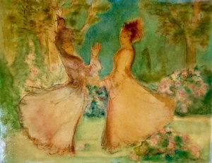 AQUARELL GEMÄLDE VON ISA CELINI. SIGNIERT. FRAUEN, DIE IM BLUMENGARTEN SPRECHEN - Bild 1 von 7