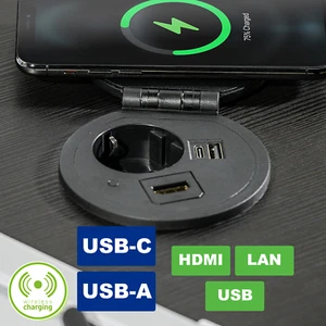 Runde Tischeinbausteckdose mit USB-A, USB-C, Induktionsladefläche, HDMI oder LAN - Bild 1 von 5