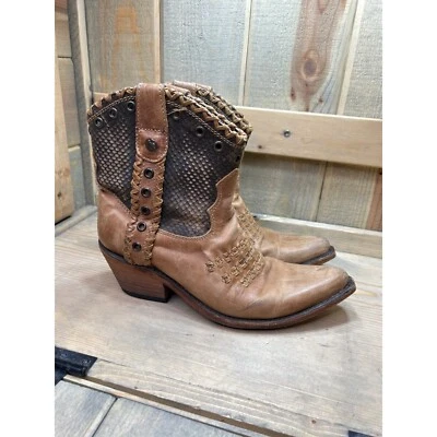 US8.5 Liberty Negro Tostado Marrón Cuero Vaquero Westerm Botines LB Pull On Foto 1 de 4