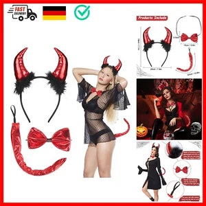 3 Stück Teufelshörner Kostüm Set, Teufel Hörner Haarreif mit Fliege und Teufelss - Bild 1 von 9