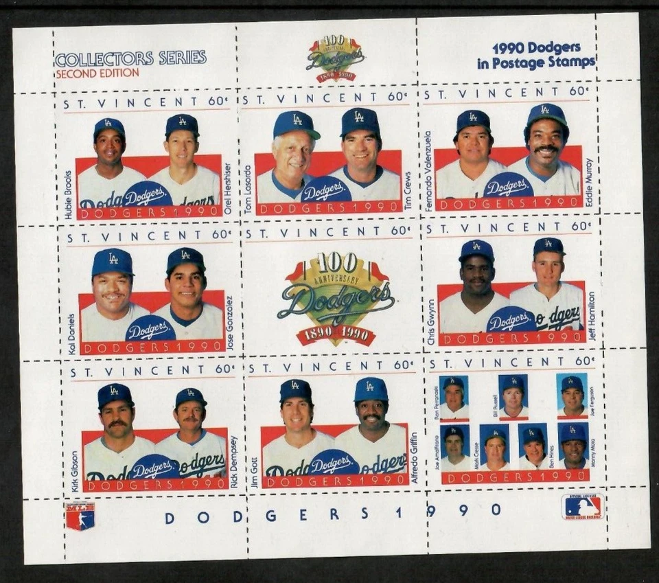 St. Vincent 1990 - Dodgers MLB, Baseball, Kirk Gibson - Sheet of 9 Stamps - MNH - Image 1 of 1