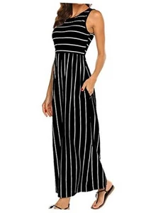 Women's Summer Sleeveless Striped Flowy Casual Long Maxi Dress Small Black - Picture 1 of 6