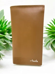 Personalized Tan Leather Wallet RFID Blocking Slim Bifold – Name Engraved Amelia - Picture 1 of 4