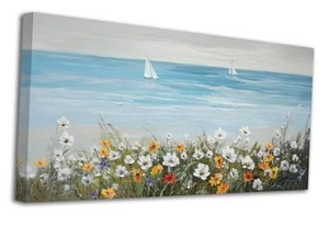 Blue Coastal Wall Art Ocean Canvas Flowers 40L" x 20W" Blue seascape wall art - Picture 1 of 7