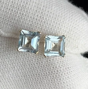 Vintage 14K Yellow Gold Lab Created Blue Spinel Stud Earrings Square 5mmX5mm - Picture 1 of 17