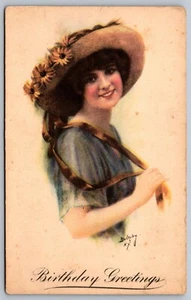 Antique Birthday Postcard Pretty Lady Big Hat Daisies Bulkeley Artist Signed M5 - Picture 1 of 2