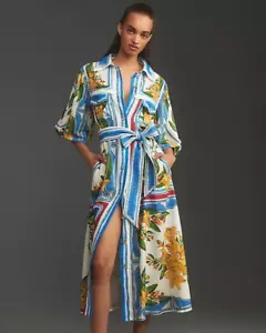 Farm Rio Linen Shirtdress Tropical Destination Anthropologie Patchwork Sz L NEW - Picture 1 of 4