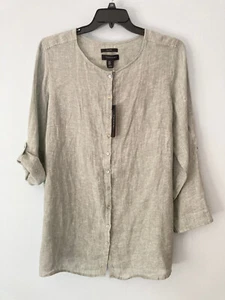 NWT TAHARI Pure Linen Roll Tab Sleeve Button Down Shirt/Tunic Sz 1X Green - Picture 1 of 6