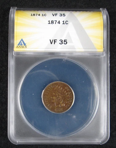 1874 Indian Head Cent Penny ANACS VF 35 Certified Cover