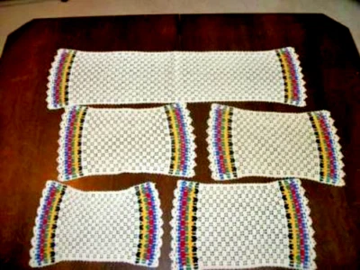 VINTAGE Crochet Doily Set Runner Ric Rac COTTAGECORE 5 Handmade Fiesta Colors - Image 1 of 4