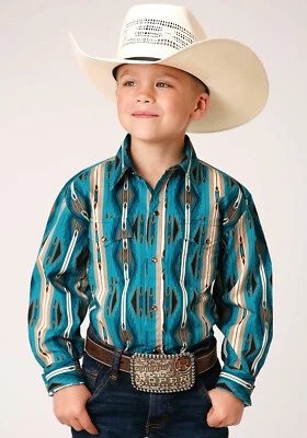 Camisa L/S Roper Niños Niños Azteca Rayas Verde 100% Algodón Foto 1 de 4