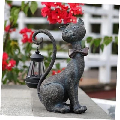 Caprichosas estatuas de gato al aire libre con linterna solar de jardín: gato jardín bronce Foto 1 de 4