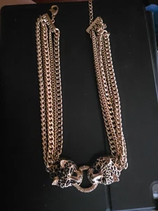 GOLD & RHINESTONE STATEMENT JEWLERY BIG CAT BIB CHOKER 5 Strand - Picture 1 of 3