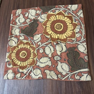 Pottery Barn Pillow Cover Burnt Rust Orange 20x20 Tan Mustard Crewel Flowers - Image 1 of 4