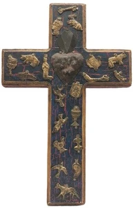 Antikes deutsches Holzkreuz Herz Jesu um 1800, Tiere, Petrusschlüssel - Bild 1 von 17
