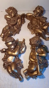 Statuaria Universale 1965 Musicale Oro Cherubino Resina Appeso Parete Decorazione Set di 4 - Foto 1 di 21