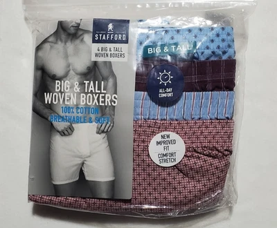 Stafford Big & Tall Woven Boxers Assort Red Blue 100% Cotton Comfort Stretch 4Pk - Image 1 of 4