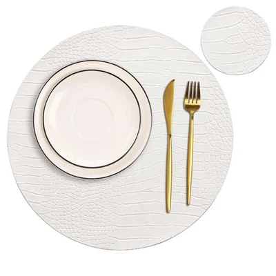 Round Leather Placemats for Round Tables Set of 6, White Place Mats and Coast... - Image 1 of 4