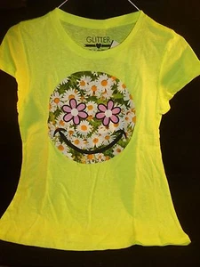 Smiley Face Daisy Flowers T Shirt Glitter Neon Yellow Large Short Sleeves N      - Picture 1 of 12