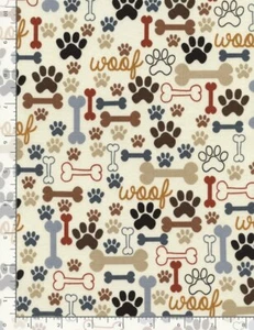 Dog Animal Fabric Woof Bones Paws Cream Cotton Timeless Treasures C2372 By Yard - Picture 1 of 1