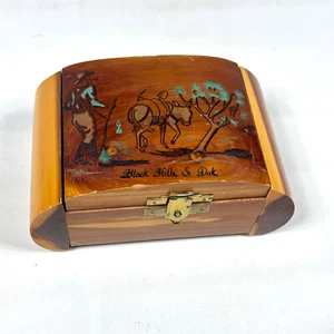 VTG Cedar Wood Jewelry Box Black Hills South Dakota Gold Miner Prospector Art - Picture 1 of 13