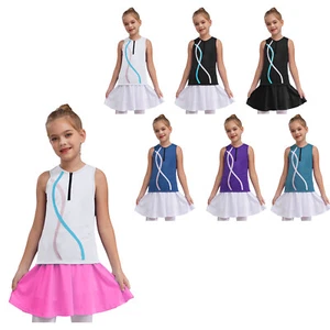 Kids Girls Tracksuit Zipper Vest With Skirts Exercise Crop Top And Skirt Dance - Picture 1 of 52
