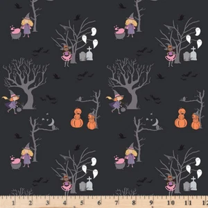 Spooky Schoolhouse with Silver Sparkle Halloween Black Half Yard Continuous Cuts - Picture 1 of 1