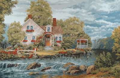 墙上提花织布纸巾屋靠近欧洲河花卉花园景观 — 第 1/2 张图片