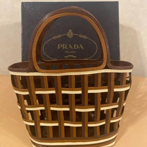 PRADA Archive Mesh Leather Basket Bag Brown Ivory W/Pouch Vintage Authentic - Picture 1 of 5