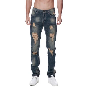 Men Distressed Denim Jeans Ripped Destroy Trousers Holes Slim Straight Leg Pants - Picture 1 of 7