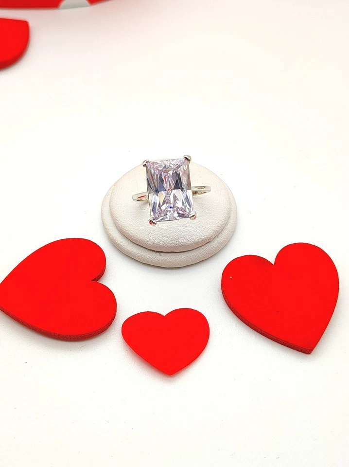 Anello donna solitario n Argento 925 rodiato con zircone bianco taglio smeraldo - Immagine 1 di 4