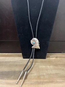 Signed A Bahe Sterling Silver Native American Eagle Turquoise Bolo Leather Tie - Picture 1 of 11