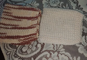 Hand Knit - Dishcloth/Washcloth - Set of Two (2) Cream & Brown - Picture 1 of 1